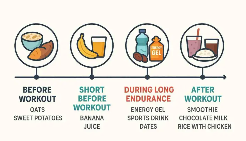 Kohlenhydrate sind wichtig für Energie. Die Grafik zeigt, was man vor, während und nach dem Training essen kann: Haferflocken, Banane, Energy Gel, Smoothie.