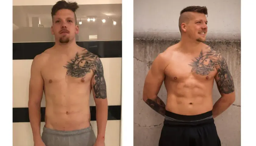 Mann mit Tattoos vor und nach dem **gesund zunehmen**. Deutlich definierte Muskeln im rechten Bild.