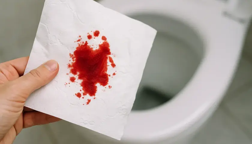 Blut am Toilettenpapier, aber nicht im Stuhl. Eine Hand hält ein Stück weißes Papier mit roten Blutflecken vor einer unscharfen Toilette.