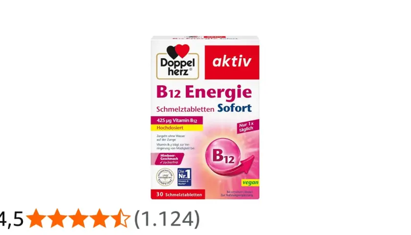 Doppelherz B12 Energie Schmelztabletten: Die positive Vitamin B12 Wirkung zur Verringerung von Müdigkeit. Himbeergeschmack, zuckerfrei.