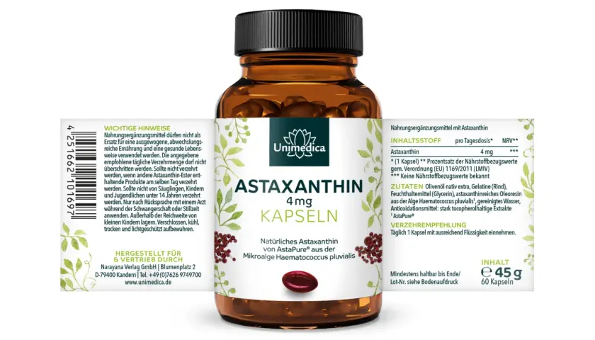 Unimedica Astaxanthin 4mg Kapseln: Natürliches Astaxanthin von AstaPure® aus der Mikroalge Haematococcus pluvialis. Die Astaxanthin wirkung wird durch die Inhaltsstoffe unterstützt.