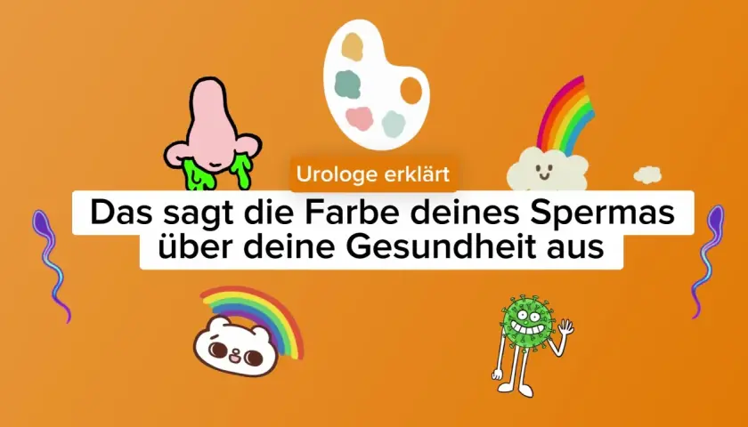 Ein Urologe erklärt, wie sieht Sperma aus? Die Farbe des Spermas kann Hinweise auf die Gesundheit geben. Illustrationen von Spermien, einer Nase mit grüner Flüssigkeit, einer Farbpalette und einem Virus.