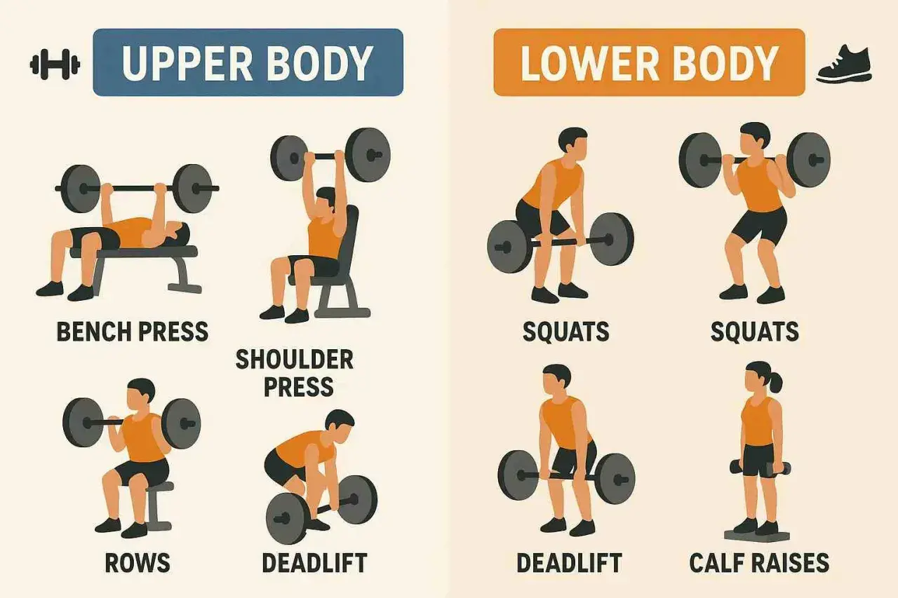 Trainingsplan 3 mal die Woche: Oberkörper-Übungen (Bankdrücken, Schulterdrücken, Rudern) und Unterkörper-Übungen (Kniebeugen, Kreuzheben, Wadenheben).