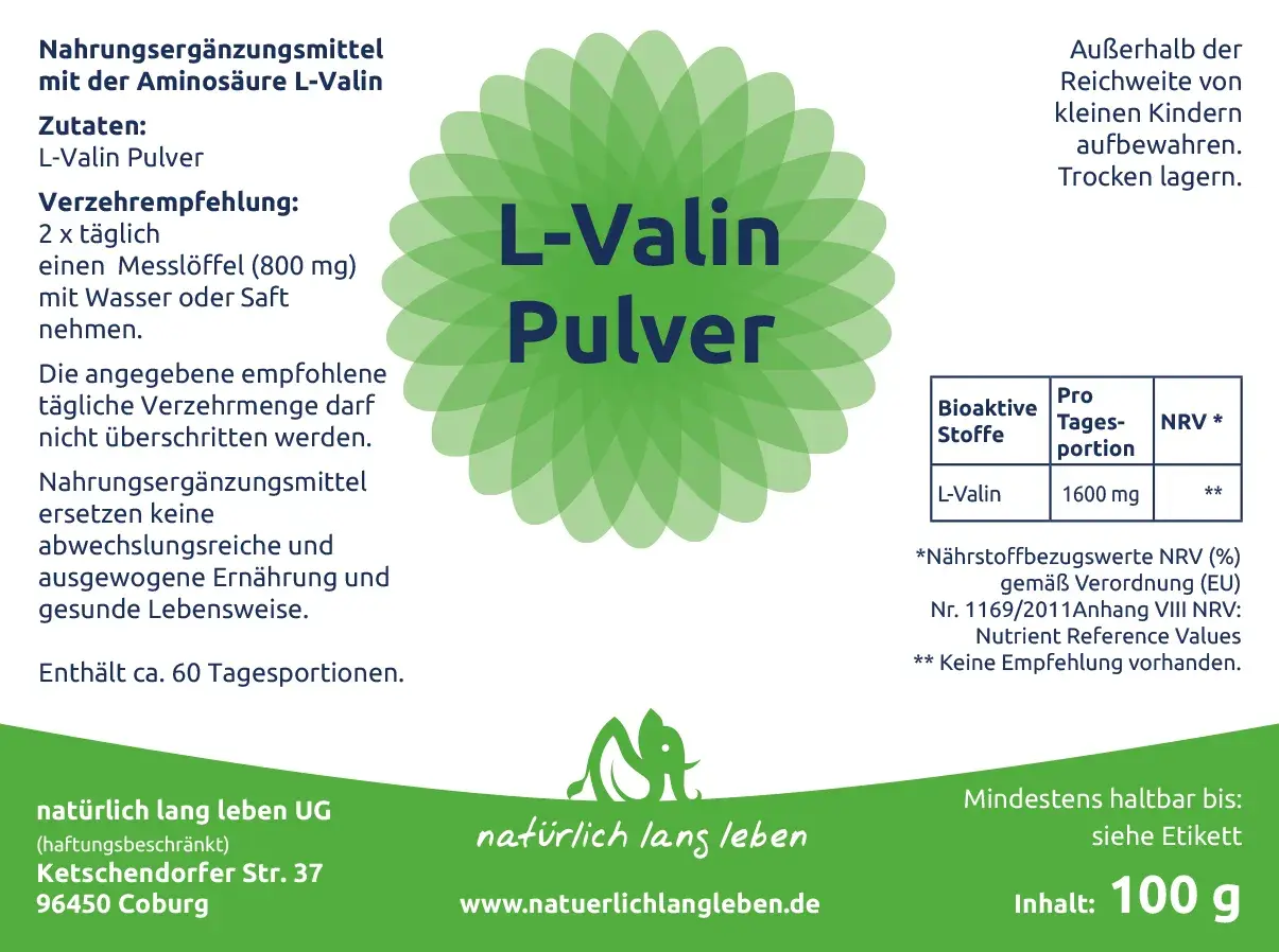 Nahrungsergänzungsmittel L-Valin Pulver, 100g. Empfehlung: 2x täglich 1 Messlöffel (800mg). Die L-Valin Wirkung wird durch die Einnahme unterstützt.