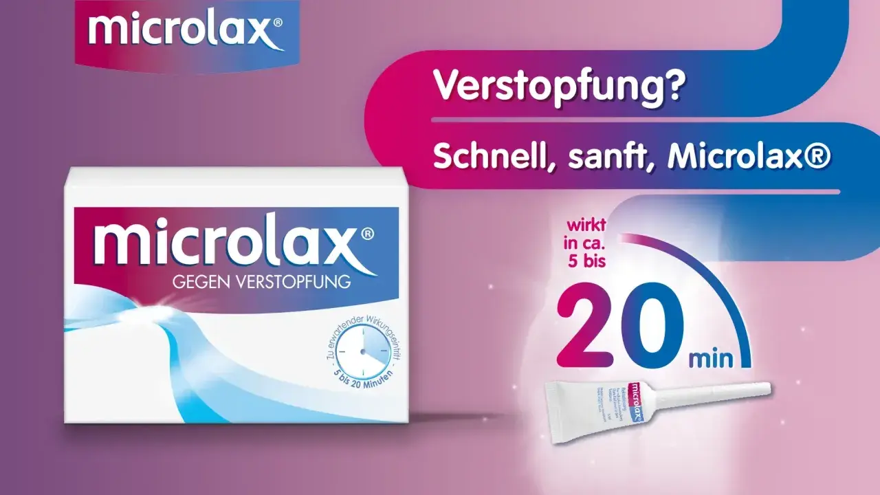 Schnell, sanft gegen Verstopfung: Microlax wirkt in ca. 5 bis 20 Minuten. Die Packung zeigt das Produkt und seine schnelle Wirkung.