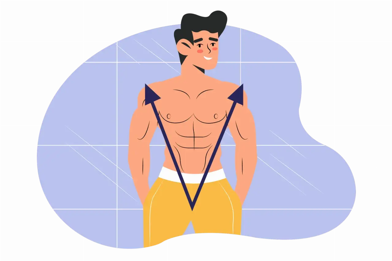 Ein Mann mit V-Form Torso und gelber Hose. Pfeile zeigen auf seine Schultern und Taille, um die V-Form zu betonen.