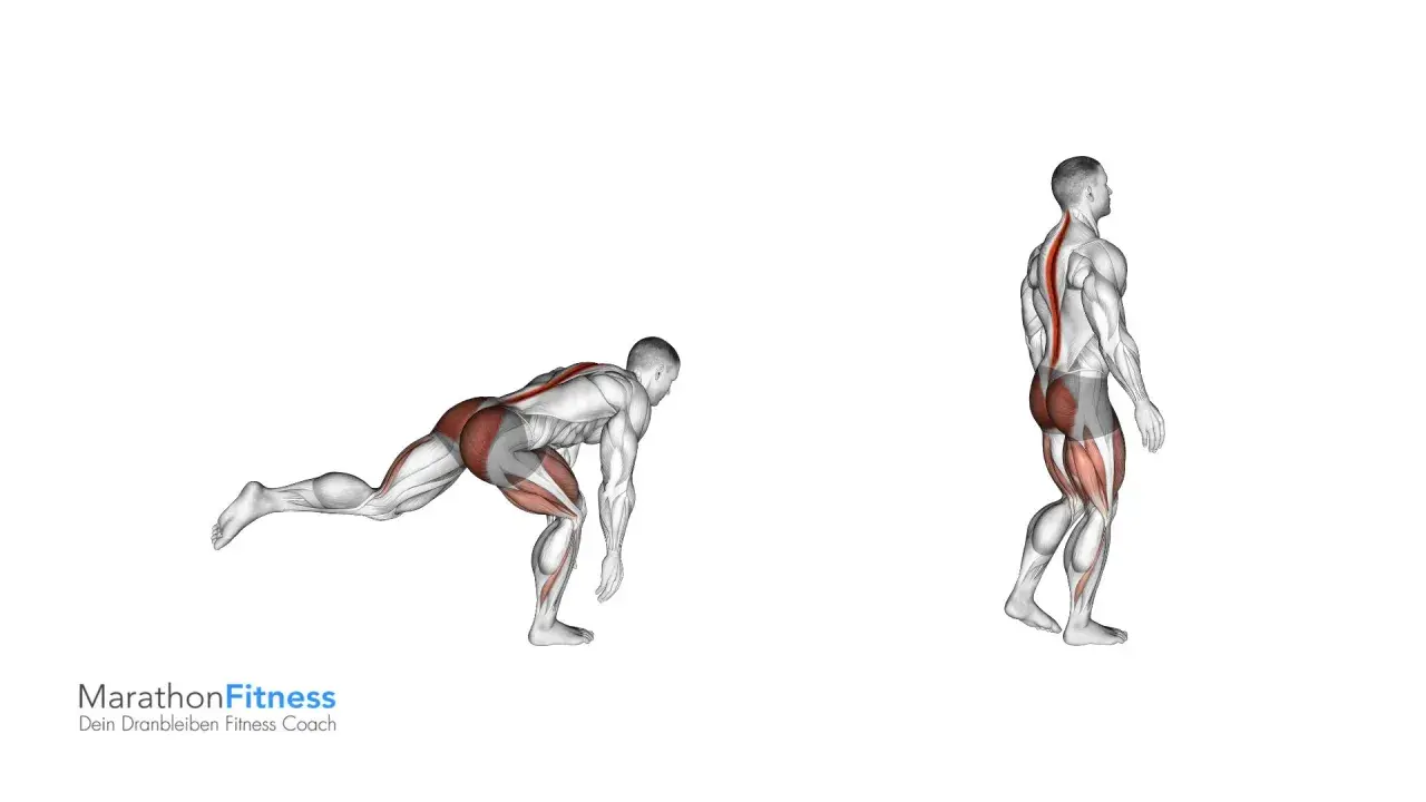 Mann führt Single Leg RDL aus, wobei die Muskeln hervorgehoben sind.