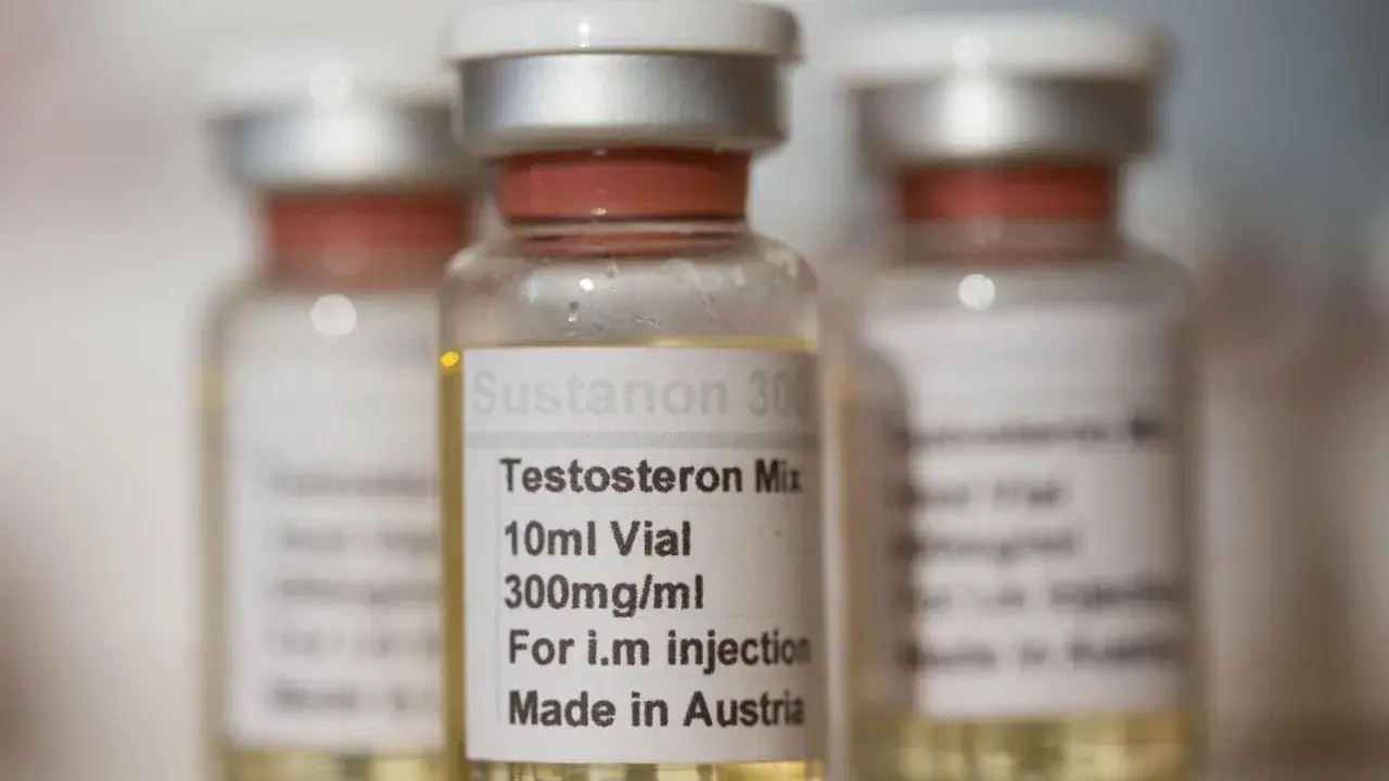Vials of Sustanon 300, a Testosteron Mix, are shown. This substance is used for intramuscular injection and is made in Austria.