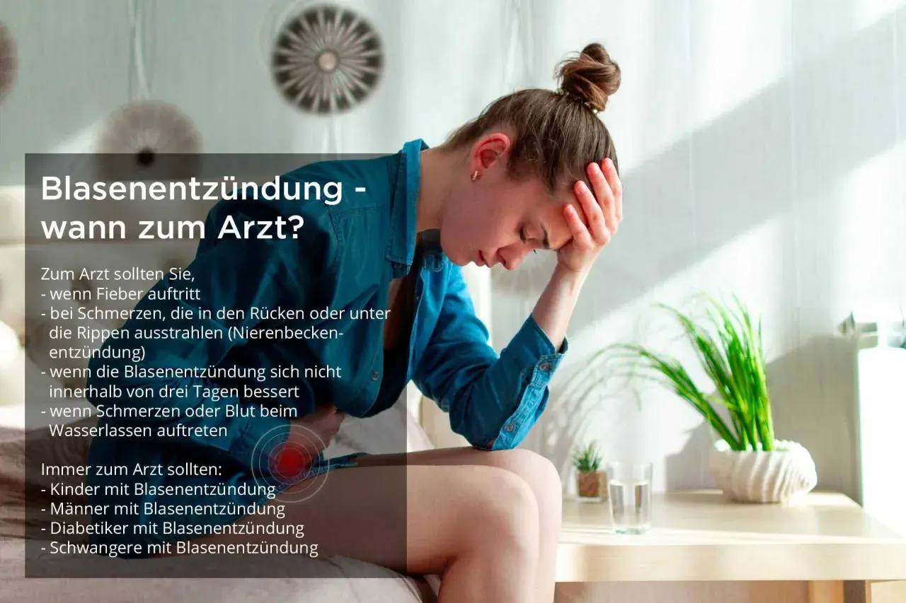 Junge Frau mit Hand am Kopf, leidet unter Schmerzen und Problemen beim Wasserlassen. Text erklärt, wann ärztliche Hilfe bei Blasenentzündung nötig ist.