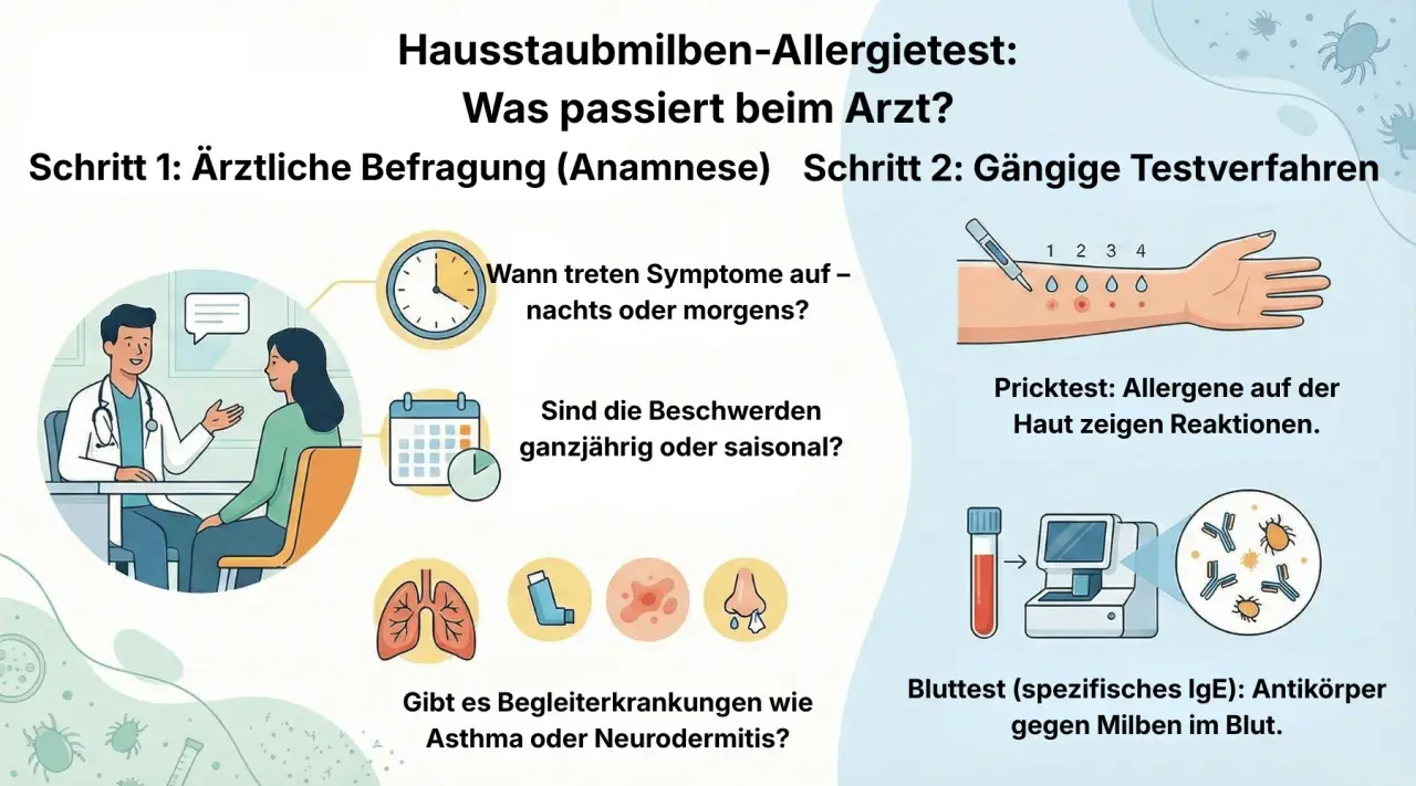 Arztgespräch und Tests (Pricktest, Bluttest) klären, was tun bei Hausstauballergie. Symptome, Dauer und Begleiterkrankungen werden erfragt.