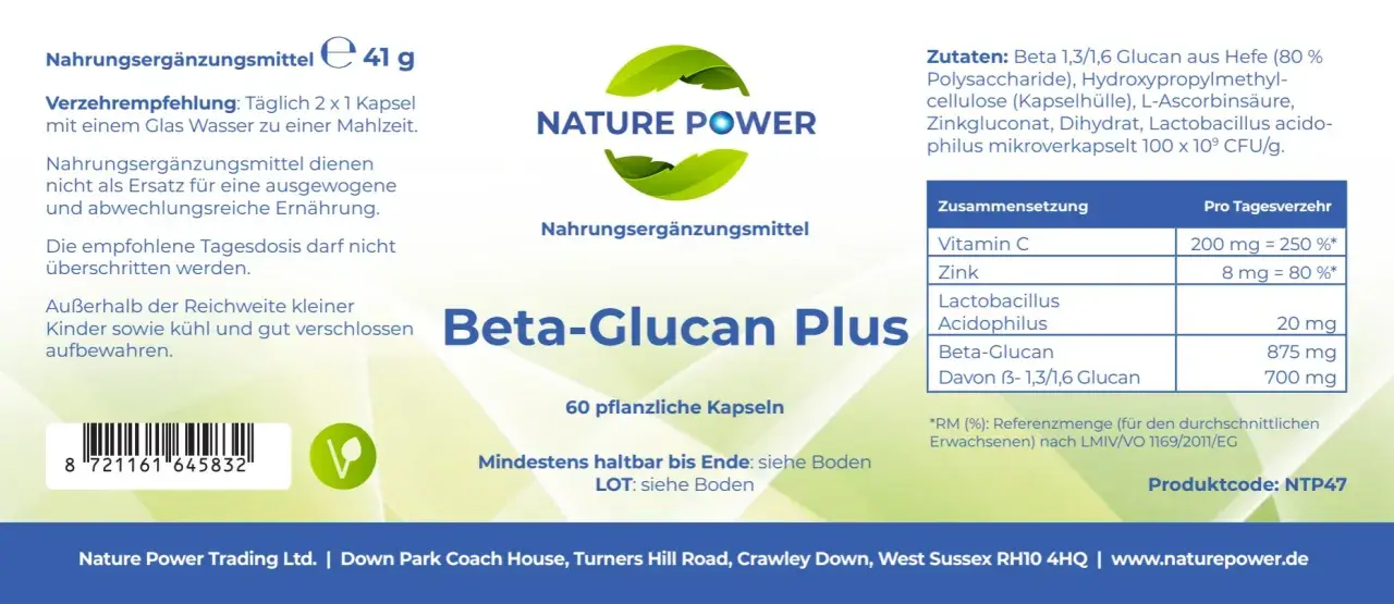 Nahrungsergänzungsmittel "Beta-Glucan Plus" mit 60 pflanzlichen Kapseln. Enthält Beta-Glucan aus Hefe, Vitamin C und Zink.