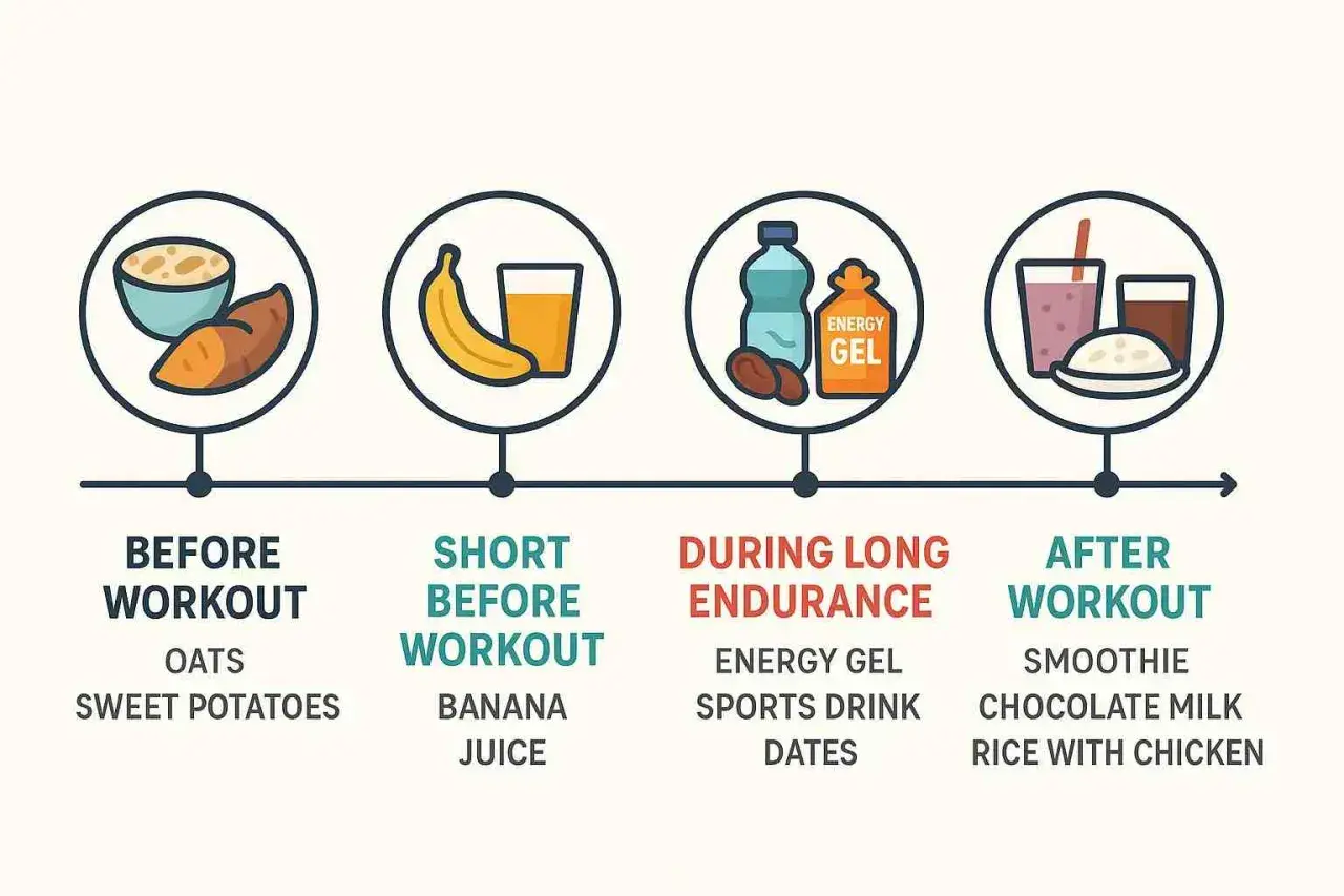 Kohlenhydrate sind wichtig für Energie. Die Grafik zeigt, was man vor, während und nach dem Training essen kann: Haferflocken, Banane, Energy Gel, Smoothie.