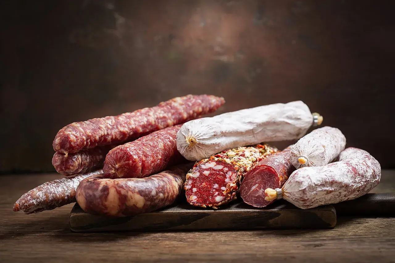 Ein Haufen verschiedener Salamisorten, von denen einige mit Gewürzen bedeckt sind. Die Frage, ob **ist schweinefleisch ungesund**, bleibt bei dieser appetitlichen Auswahl offen.
