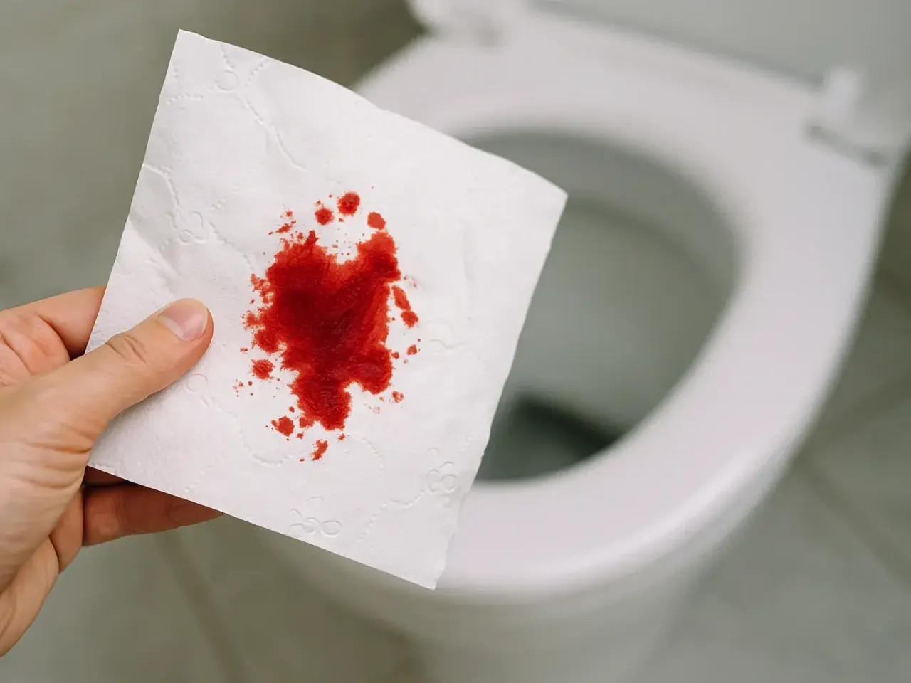 Blut am Toilettenpapier, aber nicht im Stuhl. Eine Hand hält ein Stück weißes Papier mit roten Blutflecken vor einer unscharfen Toilette.