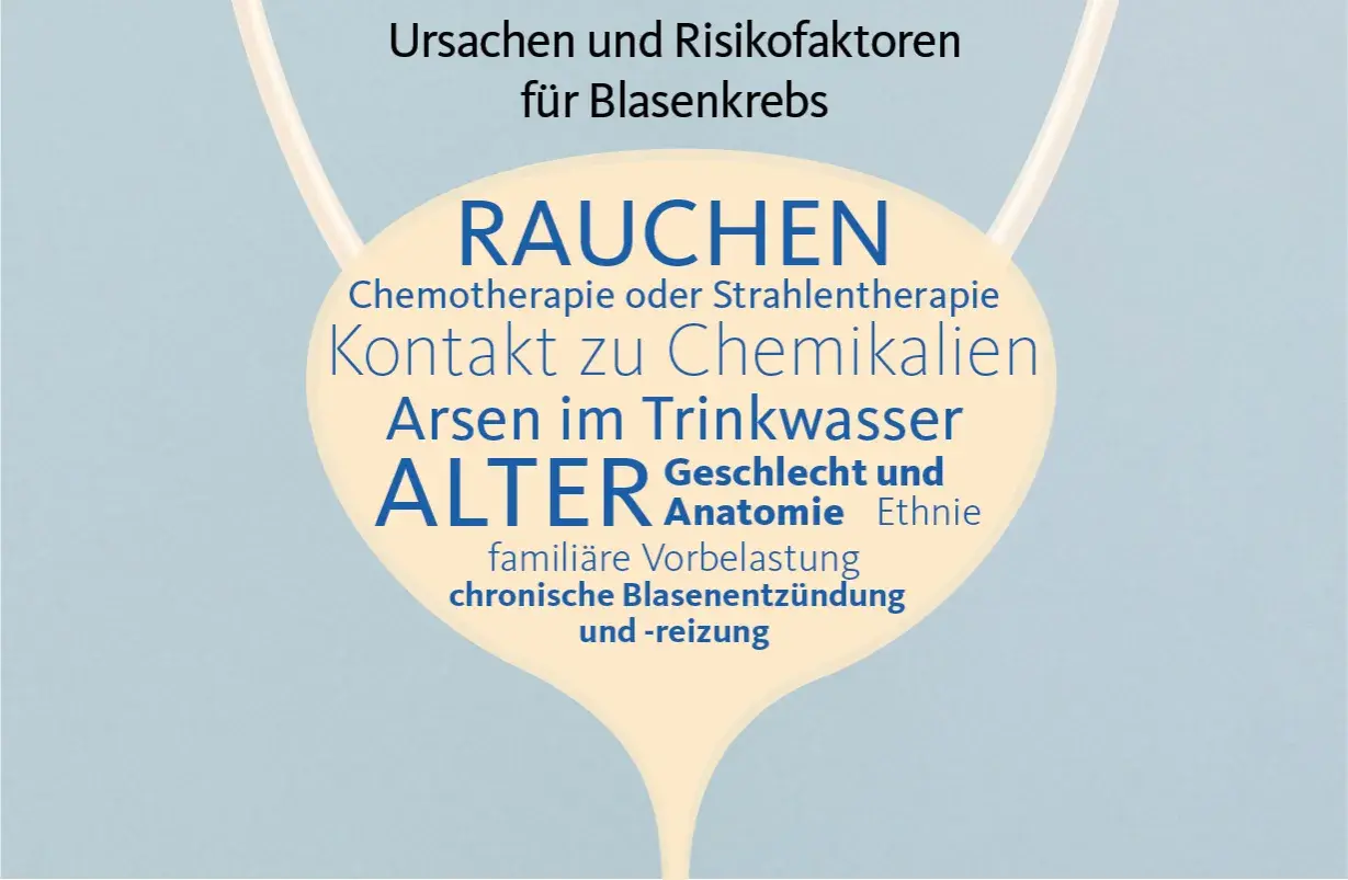 Risikofaktoren für Blasenkrebs: Rauchen, Chemotherapie, Arsen im Trinkwasser, Alter, Geschlecht, familiäre Vorbelastung, chronische Blasenentzündung. Symptome können vielfältig sein.