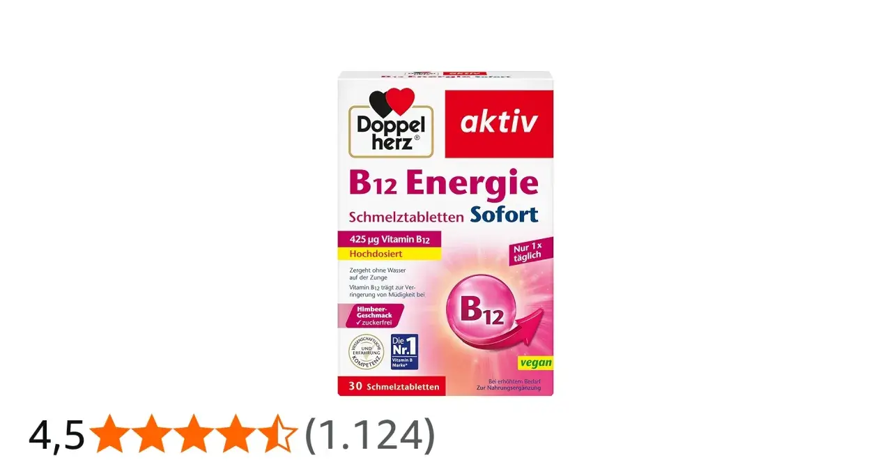 Doppelherz B12 Energie Schmelztabletten: Die positive Vitamin B12 Wirkung zur Verringerung von Müdigkeit. Himbeergeschmack, zuckerfrei.