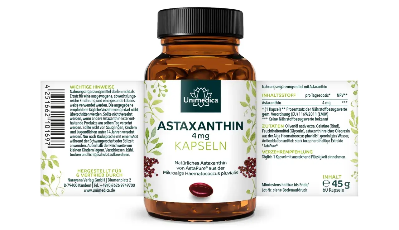Unimedica Astaxanthin 4mg Kapseln: Natürliches Astaxanthin von AstaPure® aus der Mikroalge Haematococcus pluvialis. Die Astaxanthin wirkung wird durch die Inhaltsstoffe unterstützt.
