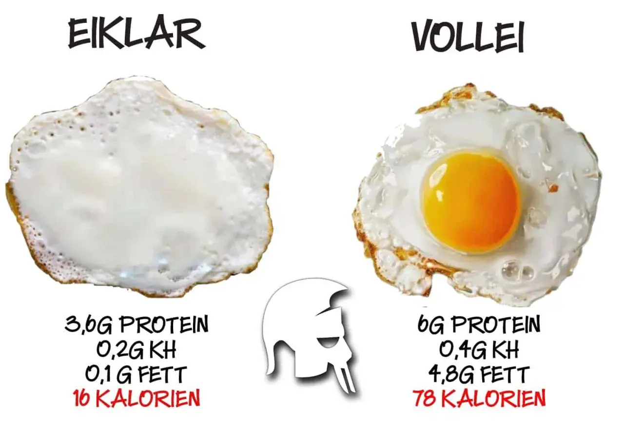 Vergleich: nur Eiweiß (16 Kalorien) vs. ganzes Ei (78 Kalorien). Wer will rohe Eier essen, wenn man das ganze Ei haben kann?