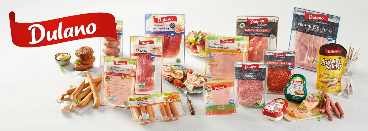 Dulano Wurstwaren: eine Auswahl an fettarmen Wurst-Produkten, darunter Geflügel-Lyoner, Lachsschinken und Hähnchenbrust.