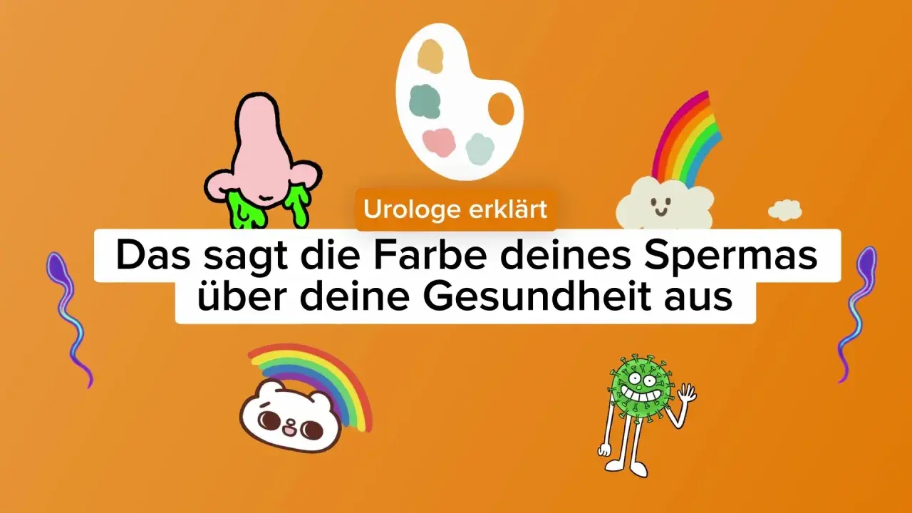 Ein Urologe erklärt, wie sieht Sperma aus? Die Farbe des Spermas kann Hinweise auf die Gesundheit geben. Illustrationen von Spermien, einer Nase mit grüner Flüssigkeit, einer Farbpalette und einem Virus.