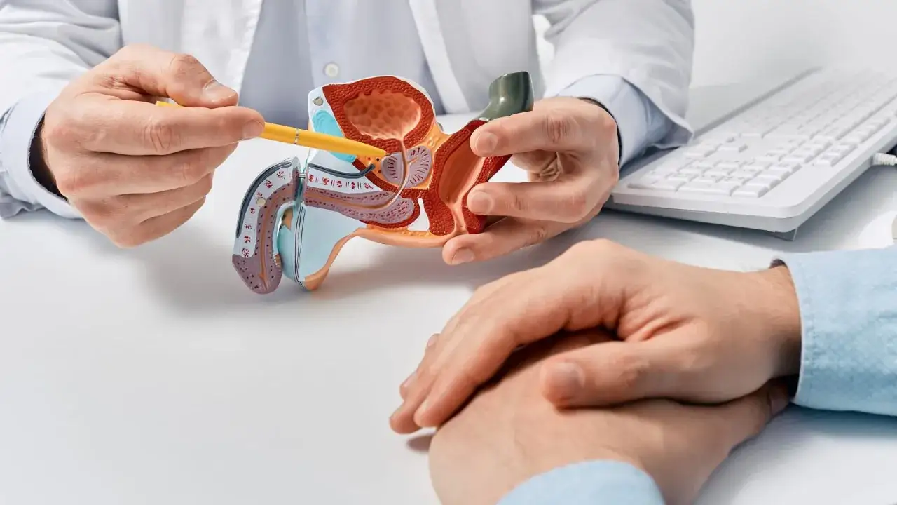 Arzt erklärt Modell des männlichen Fortpflanzungssystems. Mögliche Ursachen für Blut im Sperma und Hausmittel werden besprochen.