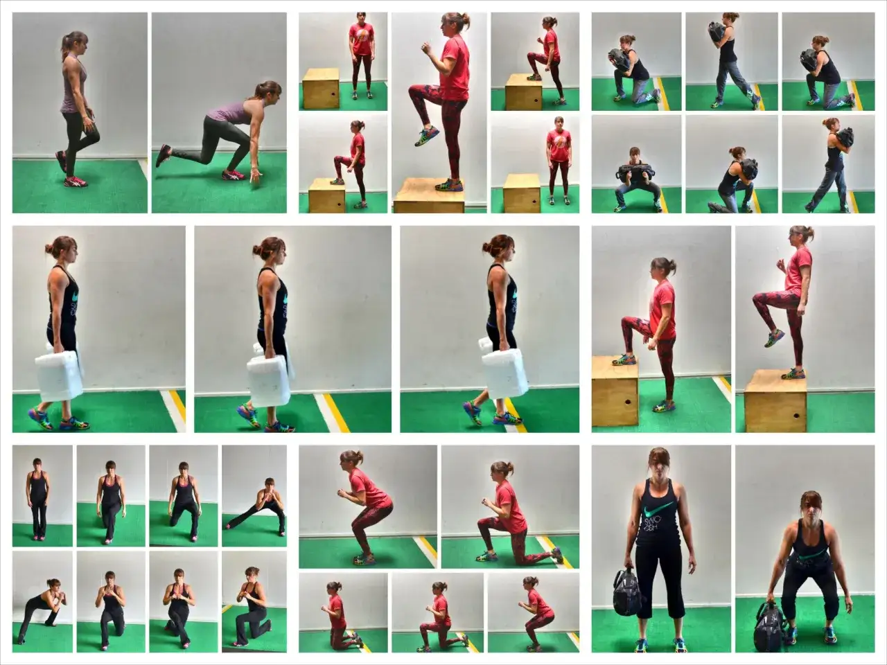 Frauen führen verschiedene Übungen für functional training aus: Ausfallschritte, Kniebeugen, Box Jumps und Übungen mit Gewichten.