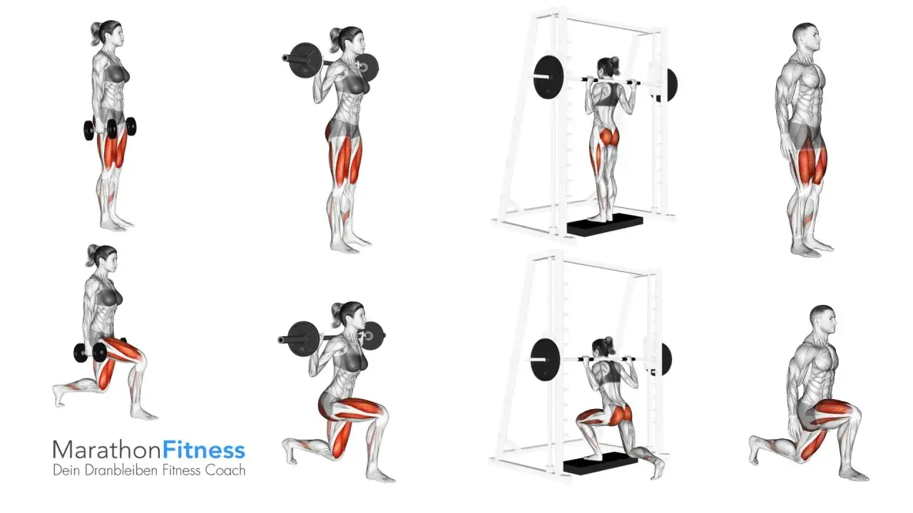 Frauen führen mit Hanteln und Langhantel reverse lunges aus. Männer machen ebenfalls reverse lunges mit Langhantel.