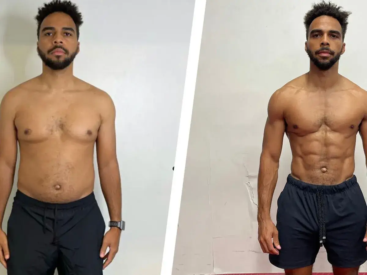 Vorher-nachher-Vergleich: Mann mit sichtbaren Bauchmuskeln nach 1 Monat Joggen.