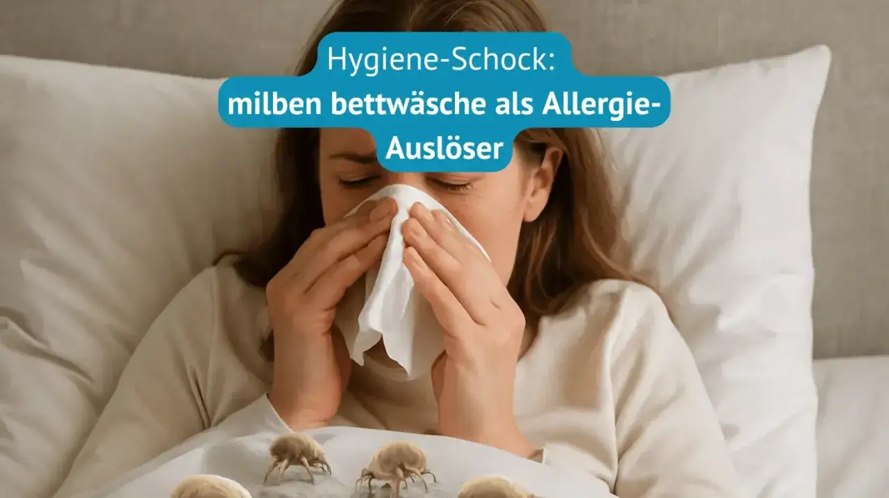 Frau niest in Taschentuch, Milben auf Bettw&auml;sche. Hausstauballergie was tun?