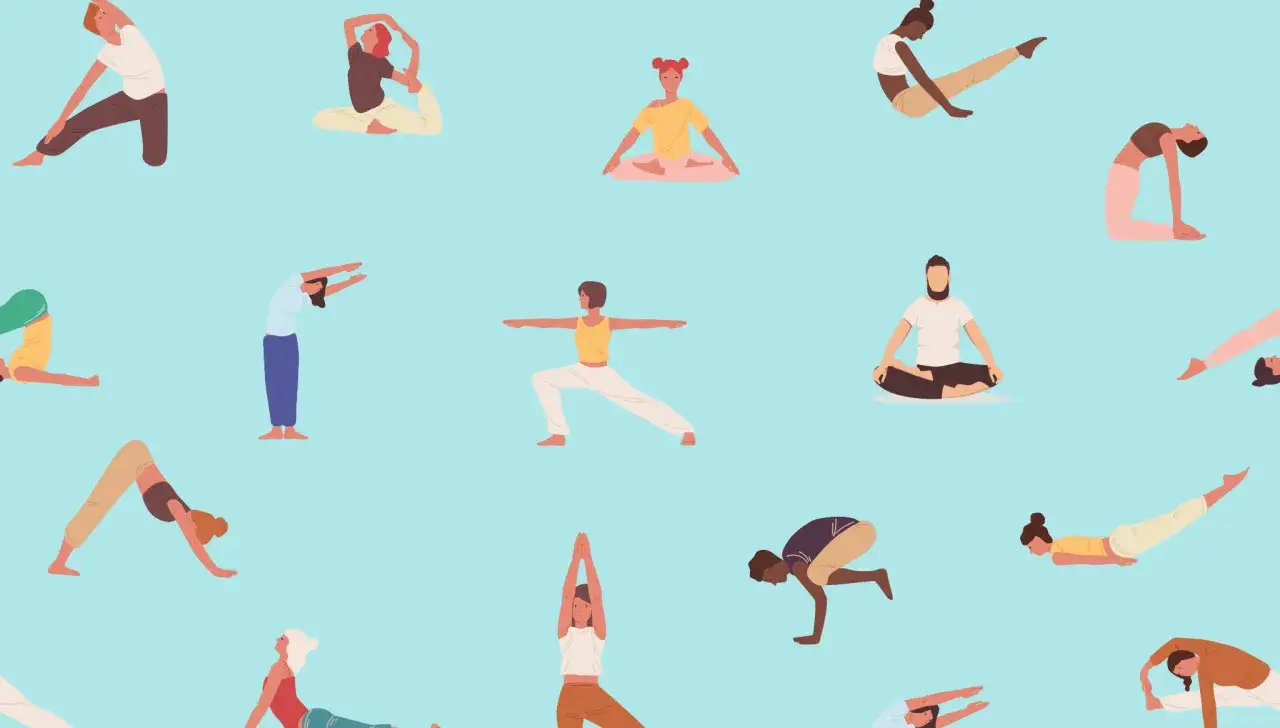 Menschen in verschiedenen Yoga-Posen, einige dehnen sich, um einen steifen Nacken zu lösen.