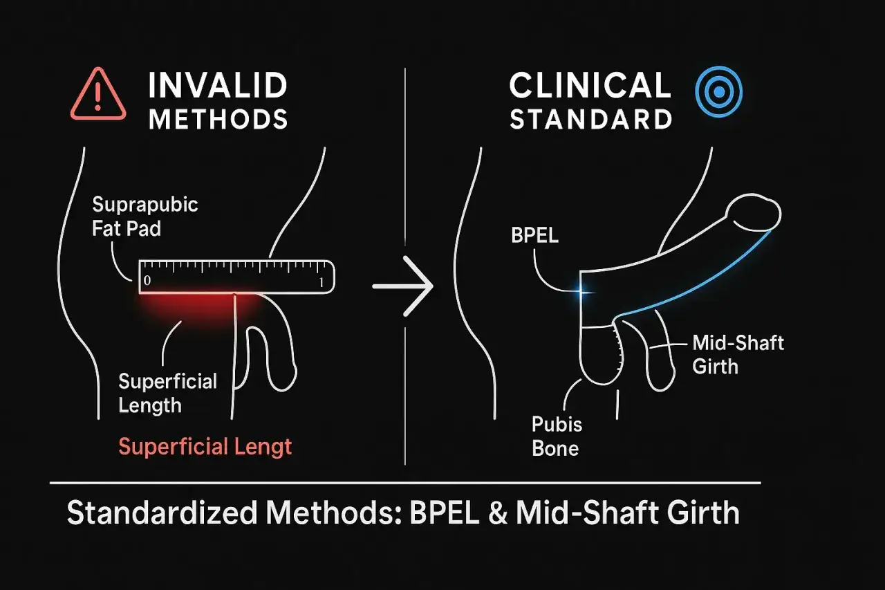 Vergleich von Messmethoden: Ungenaue Messung bei einem kurzen, dicken Penis vs. klinischer Standard (BPEL & Umfang).