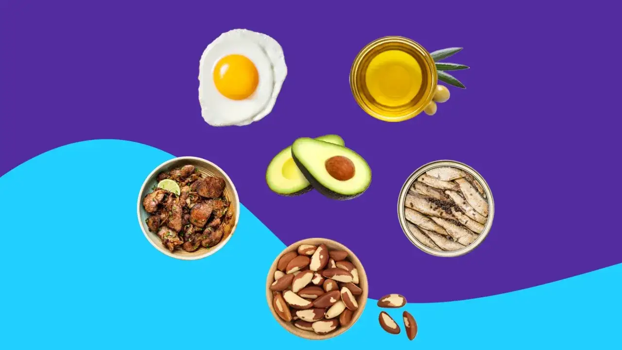 Q10 Lebensmittel Tabelle: Spiegeleier, Avocado, Oliven&ouml;l, Sardinen, H&uuml;hnerleber und Paran&uuml;sse.