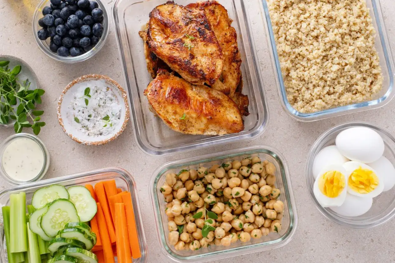 Vorbereitete Mahlzeiten f&uuml;r Muskelaufbau: H&auml;hnchenbrust, Quinoa, Kichererbsen, Eier, Gem&uuml;se und Beeren. Zu viel Protein ist nicht n&ouml;tig, aber diese Auswahl ist ausgewogen.