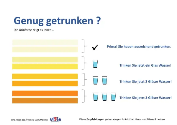 Die Urinfarbe zeigt, ob Sie genug getrunken haben. Helle Töne bedeuten, Sie sind gut hydriert. Dunklere Töne erfordern mehr Wasser.