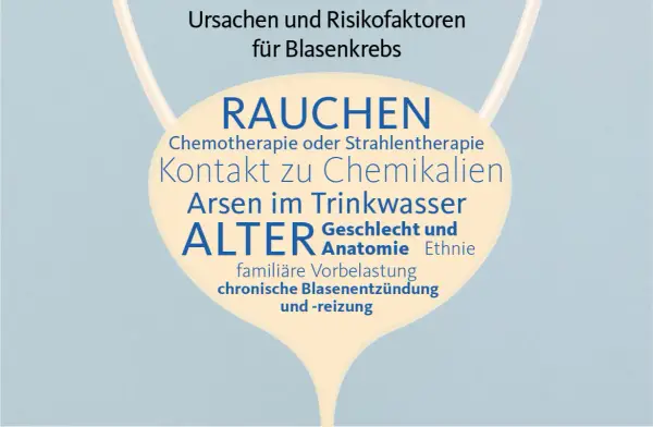 Risikofaktoren für Blasenkrebs: Rauchen, Chemotherapie, Arsen im Trinkwasser, Alter, Geschlecht, familiäre Vorbelastung, chronische Blasenentzündung. Symptome können vielfältig sein.